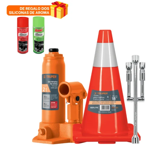 Combo Gata Tipo Botella 2T + Cono de Precaucion + Llave Cruz 14