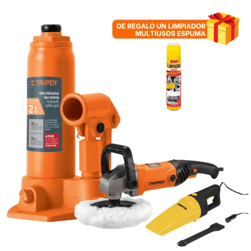 Combo Gata Tipo Botella 2T + Pulidora 1200W + Aspiradora para Auto