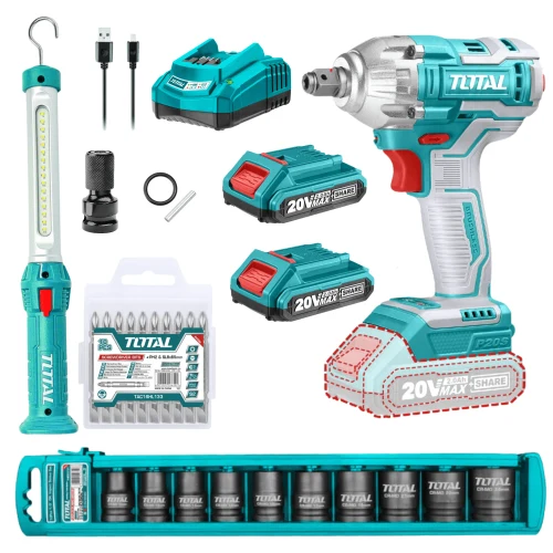 Combo Llave de Impacto 20V + Lampara Magnética + Dados y Puntillas