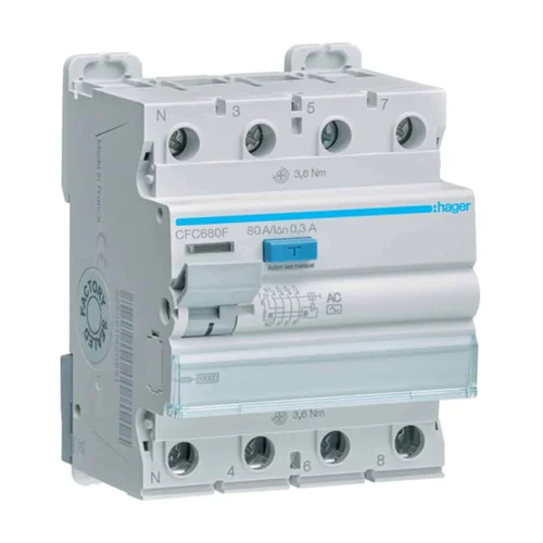 Interruptor Diferencial 4P 80A 300mA Tipo AC Hager CFC680S — HAGER