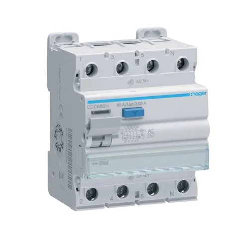 Interruptor Diferencial Riel DIN 4 Polos 80A 30mA Tipo AC Hager