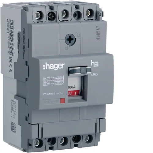 Interruptor Termomagnético Caja Moldeada Hager H3 x160 3P 100A 35kA
