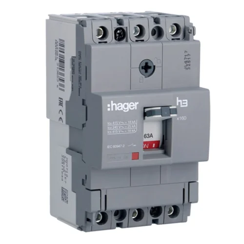 Interruptor Termomagnético de Caja Moldeada Hager H3 x160 2P 63A 25kA