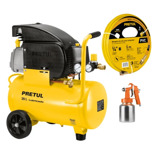 Kit Compresora Lubricada 20 L + Pistola para Pintar Baja Presion Naranja y Manguera de Pvc para Compresor 5 M X 1/4'