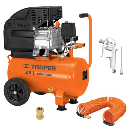 Kit Compresora Lubricada 25 L + Manguera Tipo Resorte 15M y Pistola de Sopletear