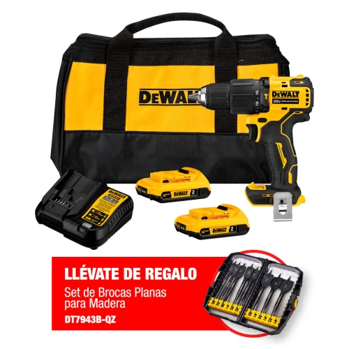 Kit Taladro Percutor Inalámbrico 1/2'' Atomic 20V MAX con Set 8 Brocas Planas