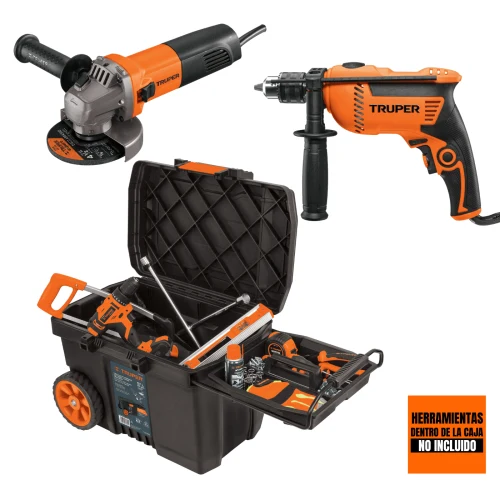Taladro Percutor 600W + Amoladora 4 1/2 800W + Caja de Herramientas con Ruedas
