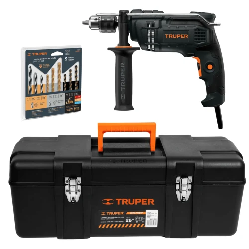 Taladro Percutor 650W Industrial + Set de Brocas + Caja para Herramientas 26"