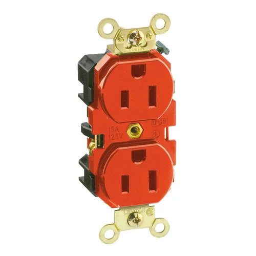 Tomacorriente Doble Industrial Leviton 5262-R 2x15A con Línea a Tierra 125V Rojo