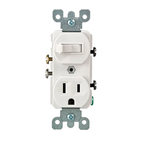 Tomacorriente e Interruptor Leviton 15A 120/125V con Línea a Tierra Blanco